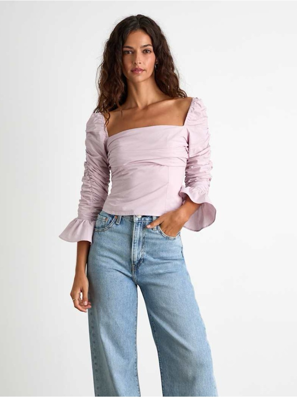 LULUS Felia Dusty Lavender Cotton Ruched Three-Quarter
Sleeve Top